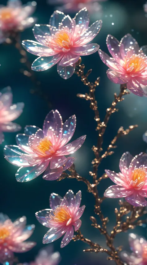 crystal spring blossom,
fantasy, galaxy, transparent, 
shimmering, sparkling, splendid, colorful, 
magical photography, dramatic lighting, photo realism, ultra-detailed, 4k, Depth of field, High-resolution