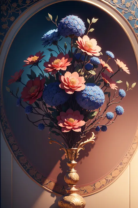 3D illustration, floral and branch design, filigree, deep colors, blues, golds, reds, Persian tile design, symmetric, (best quality), master piece, high res, highly detailed, expansive, dynamic, generative, cinematic lighting, octane render, 8k, Persian ar...