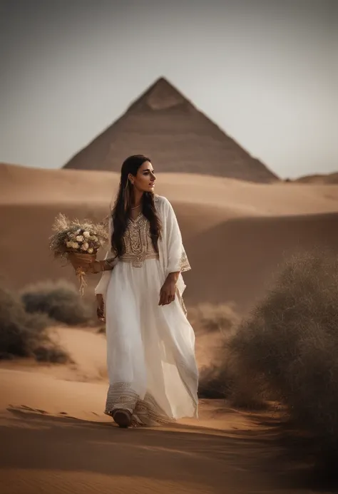 joven egipcia caminando por el desierto, usando una tunica blanca y sandalias ,junto a unas palmeras, de fondo las piramides majestuosas