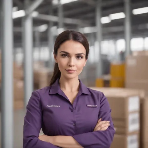 general shot, Beautiful business woman standing in logistics environment merchandise stock background image, exuding confidence and professionalism. With purple, Brazilian uniform.