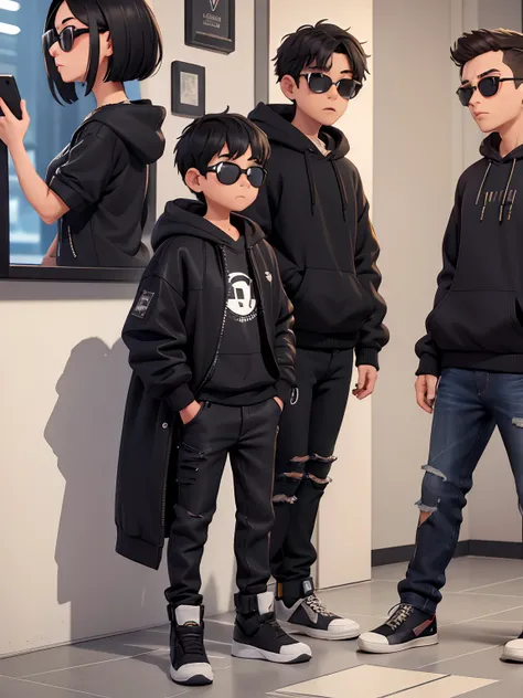 ((masterpiece)), (8k, high_resolution), (best quality), ultra-detailed, two males, two kids, wearing sunglasses, there are two men standing in a room looking at their cell phones, mall goth, wearing japanese techwear, fear of god style, wearing space techw...