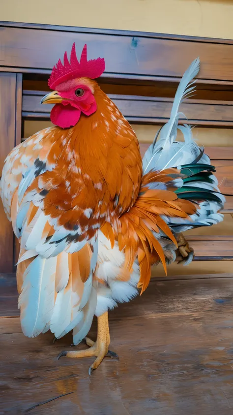 Theres a rooster thats on top of a bench, O Rei do Galo, Penas de frango, asas requintadas e bonitas, galo, galo!!!!, Penas bonitas, armadura de penas de galinha, muda, arrogante, feathers exotic morphing hoopoe, asas enormes de penas, plumagem colorida, b...