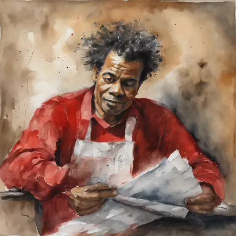 Painting of a man with a messy hair and a red shirt, inspirado em jorge ben jor, neo expressionismo arte, apenas 3 / 4 retrato, Corpo Inteiro, inspirado em Jean-Michel Basquiat, neoexpressionismo