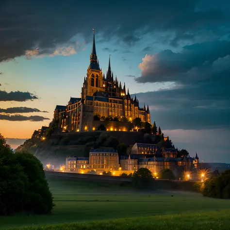 A monastery towering over a small mountain、gothic styles、European style architecture、Mont Saint-Michel style、Fantasia、cyberpunked、Hyper Beautiful Sky、8K、Built across the river
、night landscape、Beautiful night sky、City lit up