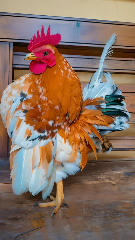 Theres a rooster thats on top of a bench, O Rei do Galo, Penas de frango, asas requintadas e bonitas, galo, galo!!!!, Penas bonitas, armadura de penas de galinha, muda, arrogante, feathers exotic morphing hoopoe, asas enormes de penas, plumagem colorida, b...