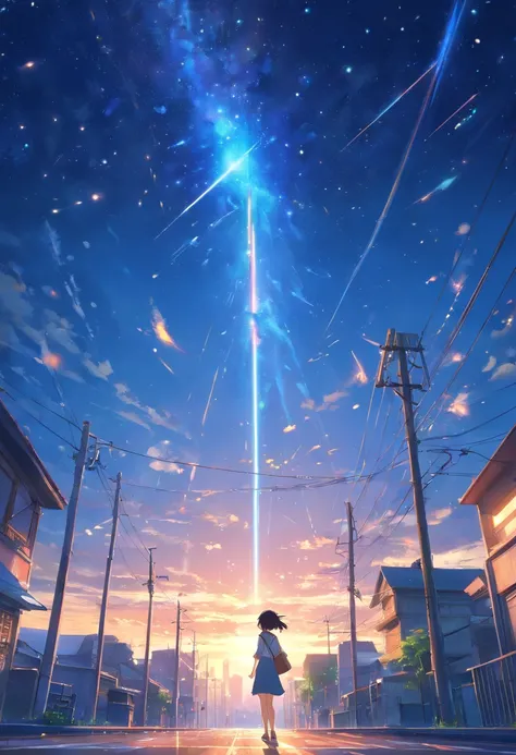 Faraway view、landscapes、Outrageous resolution、发光、Near Future City、Clear the blue sky、Many bright stars々、beautiful  lighting、clear lighting、Soft lighting、Many bright magic lights、Stars Falling from the Sky,Meteor swarm