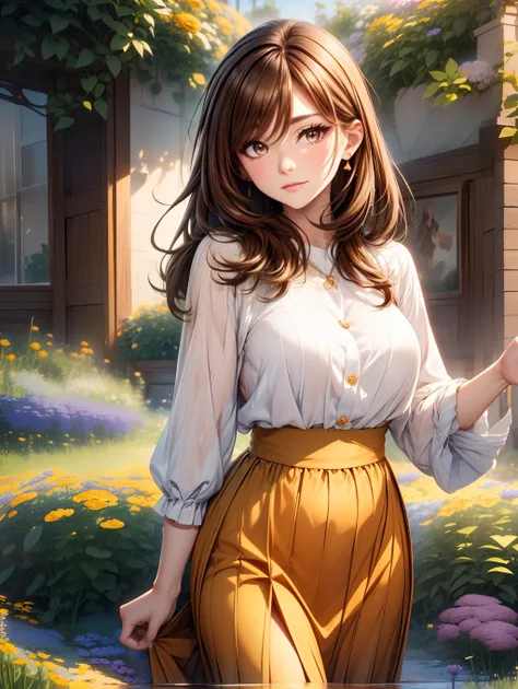 Best Quality, masutepiece, beautiful mature women、Beautiful face、Strong-minded woman、(brown long skirt、long-sleeve)、brown haired、(Brown-eyed)、Longhaire、Undersized eyes、(((Kochia、In the flower garden of kochia)))、Flower garden large、the morning sun