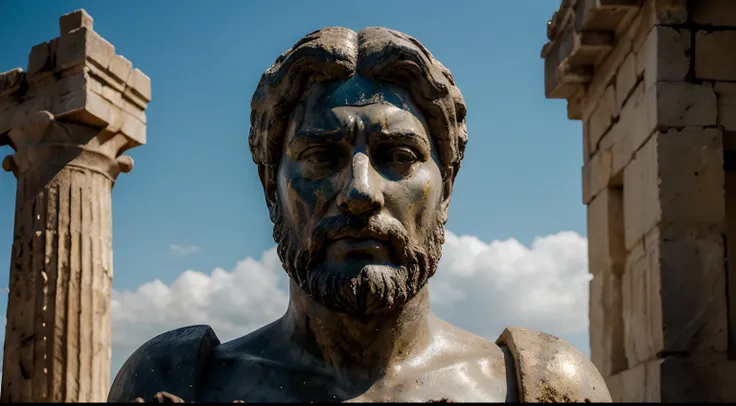 Ancient Stoic Statue With Very Angry Expression, tem barba, muitos detalhes em ambos os olhos, Outside, fundo atenas grego, open sky, com rosto extremamente detalhado full body view, Colors with low saturation with dark tone, Filmado em Sony A7S III com So...