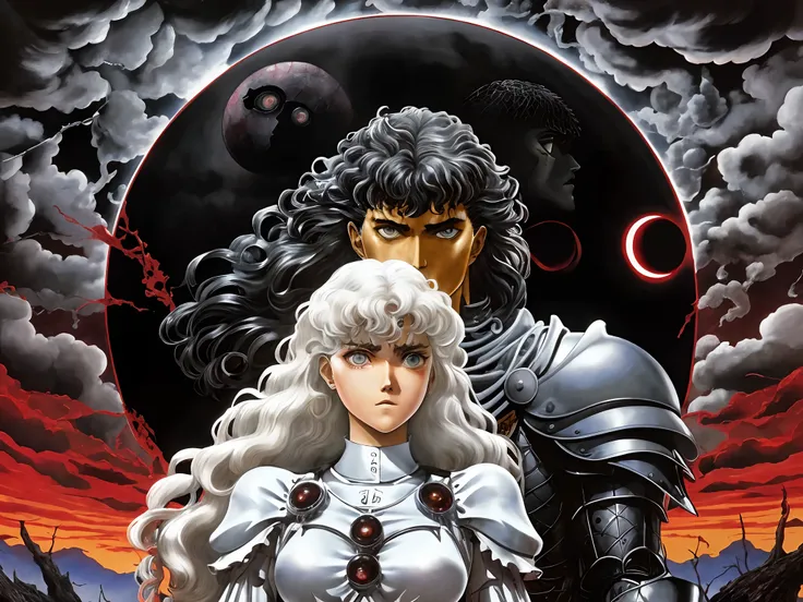 um close up de uma mulher e um homem de armadura, Griffith, Berserk, de Furioso, Estilo de arte Berserk, Griffith, Estilo Berserk, Furioso, Furious manga, sangue de Furioso, em Berserk Manga, Obra-prima de Noriyoshi Ohrai, Directed by: Noriyoshi Ohrai, Jap...