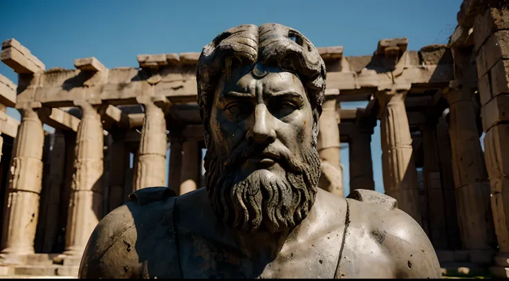 Ancient Stoic Statue With Very Angry Expression, tem barba, muitos detalhes em ambos os olhos, Outside, fundo atenas grego, open sky, com rosto extremamente detalhado full body view, Colors with low saturation with dark tone, Filmado em Sony A7S III com So...