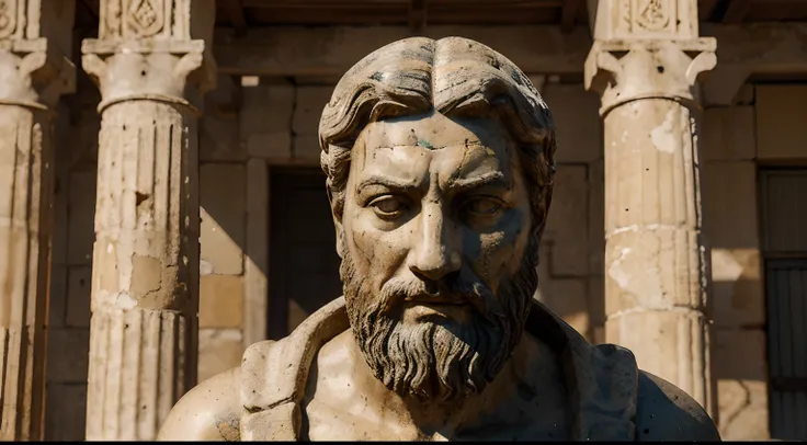 Ancient Stoic Statue With Very Angry Expression, tem barba, muitos detalhes em ambos os olhos, Outside, fundo atenas grego, open sky, com rosto extremamente detalhado full body view, Colors with low saturation with dark tone, Filmado em Sony A7S III com So...