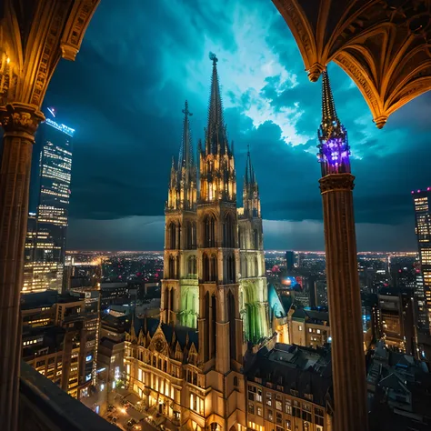 pov from down、look up to、Super-developed civilization、Huge metropolis、cathedral、Fantasia、Magnificent terrain、Hyper Beautiful Sky、High-rise complex、Medieval European style、European style architectural group、Sky architecture、Pulling composition、hight resolut...