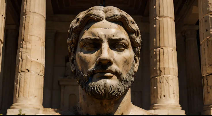 Ancient Stoic Statue With Very Angry Expression, tem barba, muitos detalhes em ambos os olhos, Outside, fundo atenas grego, open sky, com rosto extremamente detalhado full body view, Colors with low saturation with dark tone, Filmado em Sony A7S III com So...