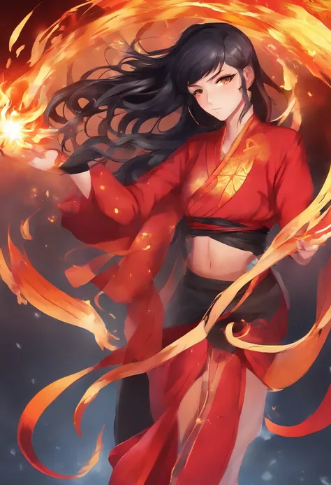 Nawra, tall anime Arab girl with black hair ponytail, yellow eyes, and a red top and black trousers, tall, athletic, strong, fit, muscular, fire!! full body, appears as the fire goddess, fire goddess, nico robin, hot fire goddess, she has fire powers, blac...