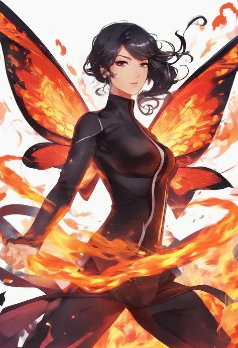 Nawra, tall anime Arab girl with black hair ponytail, yellow eyes, and a red top and black trousers, tall, athletic, strong, fit, muscular, fire!! full body, appears as the fire goddess, fire goddess, nico robin, hot fire goddess, she has fire powers, blac...