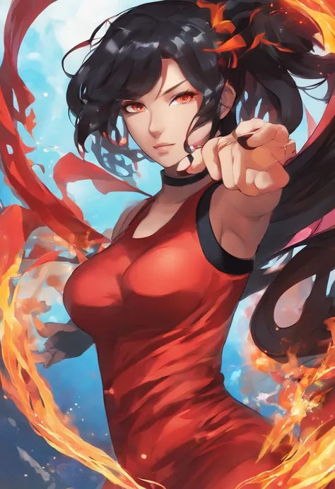 Nawra, tall anime Arab girl with black hair ponytail, yellow eyes, and a red top and black trousers, tall, athletic, strong, fit, muscular, fire!! full body, appears as the fire goddess, fire goddess, nico robin, hot fire goddess, she has fire powers, blac...