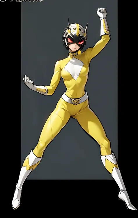 1female, Miraculous Ladybug Style, Dark green full body suit, hero costume, medium breast, wide hips, wide thighs, Yellow Ranger, Yellow armour, Yellow Power Ranger, Ranger alligator, Yellow alligator armor, Dark Green stripes, ultra HD, Perfect Anatomy, S...