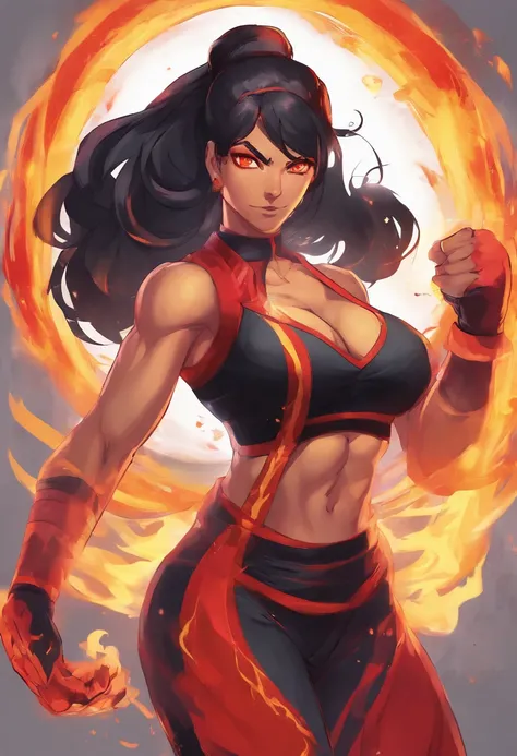 Nawra, tall anime Arab girl with black hair ponytail, yellow eyes, and a red top and black trousers, tall, athletic, strong, fit, muscular, fire!! full body, appears as the fire goddess, fire goddess, nico robin, hot fire goddess, she has fire powers, blac...