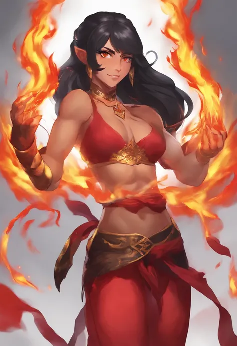 Nawra, tall anime Arab girl with black hair ponytail, yellow eyes, and a red top and black trousers, tall, athletic, strong, fit, muscular, fire!! full body, appears as the fire goddess, fire goddess, nico robin, hot fire goddess, she has fire powers, blac...