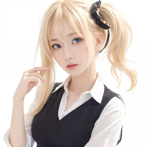 1girl, Ai Hayasaka, (Blonde Hair, Pony tail, Blue Eyes, Medium Hair), White Shirt, Black Vest, realistic, ultra detail, 70mm lens,