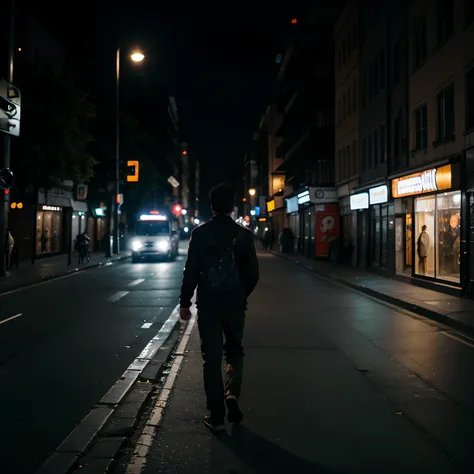 A guy walking down a road of a city at night from a back camera view