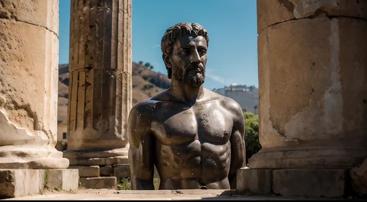 Ancient Stoic Statue With Very Angry Expression, tem barba, muitos detalhes em ambos os olhos, Outside, fundo atenas grego, open sky, com rosto extremamente detalhado full body view, Colors with low saturation with dark tone, Filmado em Sony A7S III com So...