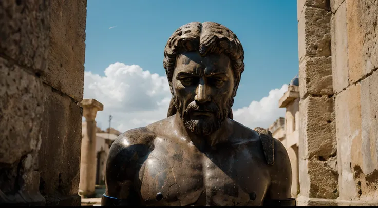 Ancient Stoic Statue With Very Angry Expression, tem barba, muitos detalhes em ambos os olhos, Outside, fundo atenas grego, open sky, com rosto extremamente detalhado full body view, Colors with low saturation with dark tone, Filmado em Sony A7S III com So...