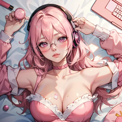 anime girl with pink hair, Aegyo-sal,  eyebags, wearing glasses, makeup, blush, blush nose, glitter makeup on eyes, perfect anime face, semi - realistic anime, detailed anime soft face, sleeping mask on head, gaming headphones, gigantic tits, torso showing