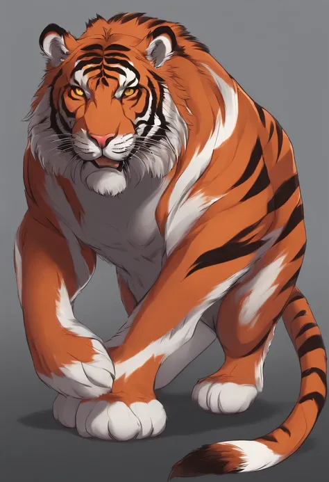 Name: Taro
Age: 23
Eyes: blood red
300lbs tiger. 711ft tall. orange fur around body with tiger stripes and saber tooth teeth
Species: tiger
Hair: Tiny front red mohawk. Has chest fluff

Body: He has a big strong body with a belly and big pecs. 
Clothing: -...