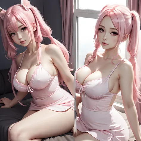 Large breast, pink hair, pigtails, thick thighs, angel, short white dress, pink and red eyes, mature, pale skin, erotic, anime-style