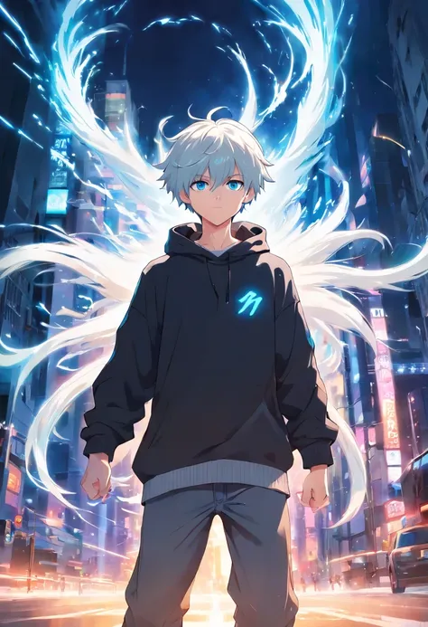 Satoru Gojo, 17-year-old boy in a black and white sweatshirt with white hair, Blue eyes and slim build fighting a horrible monster