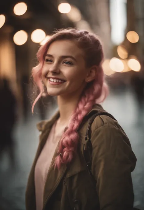 Portrait photo of a young european girl, (laughing:0.7), posing, look at a camera, pink ponytails hair, complex city background, backlit, (cinematic:1.5), epic realistic, hyperdetailed, insane details, intricate details, accent lighting, soft volumetric li...