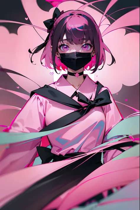 1girl in、High Definition CG Illustration、(Black mask:1.3)、(pink colored shirt:1.8)、Cosplay、The face of a girl with a Japan similar to Suzu Hirose、jirai kei、Bangs、a short bob、Black skirt、Black bow、Looking at Viewer、Bow、Long sleeves、Choker、bow ribbon、Psyched...