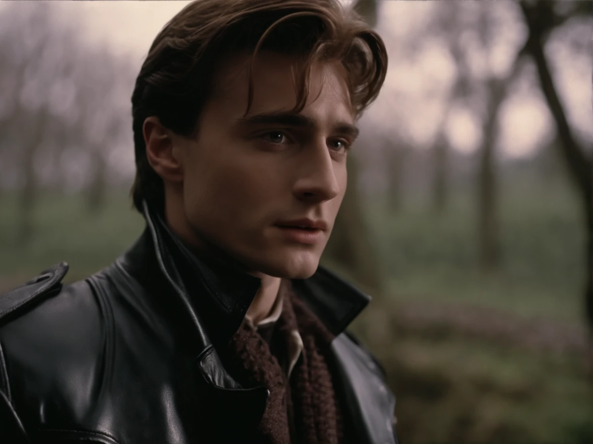 1990 screengrab of male model Harry Potter wearing a magnificent Balenciaga leather jacket, fashion movie scene, Balenciaga commercial