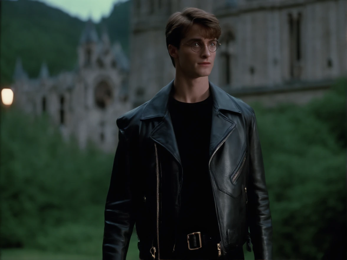 1990 screengrab of male model Harry Potter wearing a magnificent Balenciaga leather jacket, fashion movie scene, Balenciaga commercial