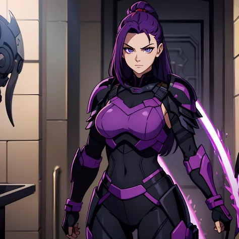 Warrior woman with purple hair and a black suit armor