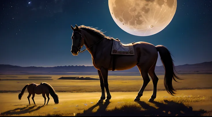 fantasy painting. full moon night, moon light only, purebred Arabian horse grazing on the plains by the banks of the Nile River