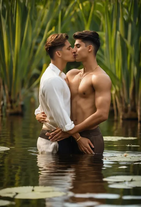 2boys kissing and embracing, masterpiece, best quality, slim lean boys young adults standing in a tranquil pool surrounded with water lilies and reeds. The men are muscular lean slim and well built, with defined muscles. The men are wearing white linen loi...