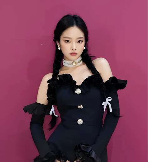 Hay una mujer con un vestido negro posando para una foto, Blackpink Jennie, Gongbi, Retrato de Jossi de Blackpink, Jossi de Blackpink, Sha Xi, Jisoo de Blackpink, Jisoo de Blackpink, JIA, Parque Roseanne de Blackpink, ji-min, Taejune Kim, con coletas negra...