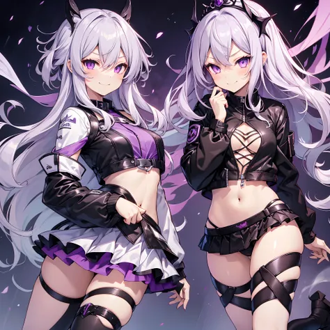 Best quality, 8k, 1 girl, succubus, wings, solo, little girl, silver hair, long wavy hair, purple eyes, hair between eyes, small breasts, crop_top, jacket, mini skirt, black legwear, sassy child, light smile, smirk, tiara headwear