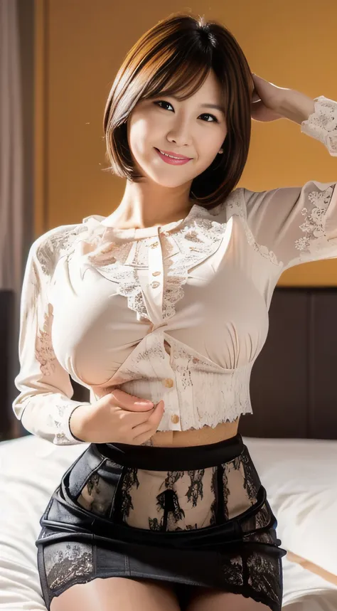 (A MILF:1.2), Sit on the bed, Put your hands on your head, short-hair, (huge-breasted:1.4), (pencil skirts:1.4), (tight lace blouse:1.2), (Smile:1.0), (pantyhose:1.0)