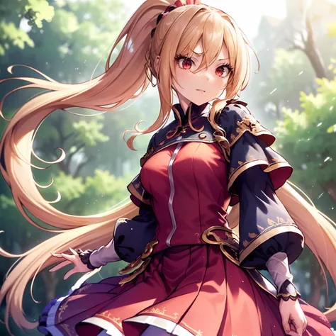 (masutepiece, Best Quality:1.2), Extremely detailed, detailed hairs, Soft skin,

1girl in, Solo, Upper body,

Blonde hair, Long hair, High Ponytail, Long ponytail,

Red Eyes, long eyelashes, thick eyelashes, Looking at Viewer,

Red dress, backless dress, o...