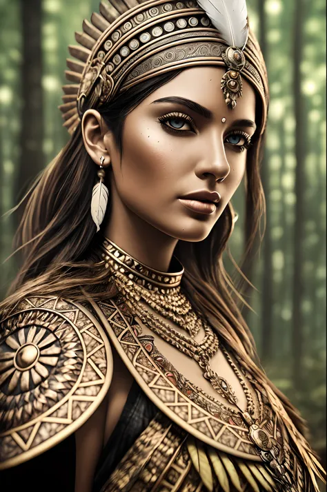 1 woman close up,Aztec armor,feather,dramatic lighting,perspective,complex background,depth of field,forest,photorealistic,realistic,paolo reversi