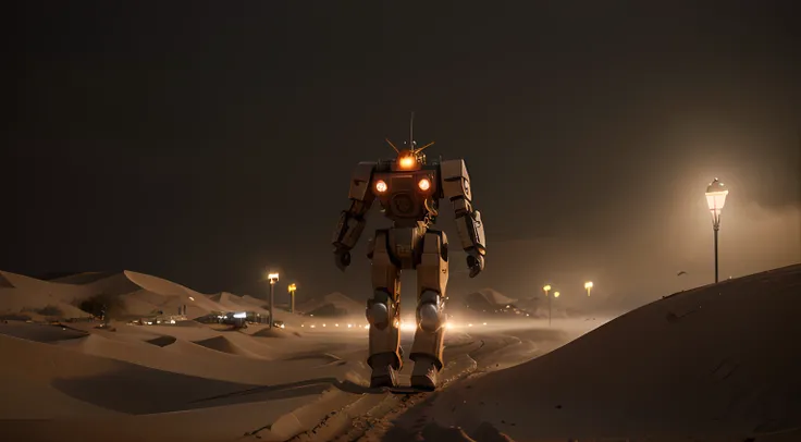 cinematic, a highly detailed Mecha walking through the dessert on apocalypt night city background, image capturing the dynamic and implied movement, establishing shot, menace coming, sand - storm, apocalypt night city background, peach light, movie still, ...