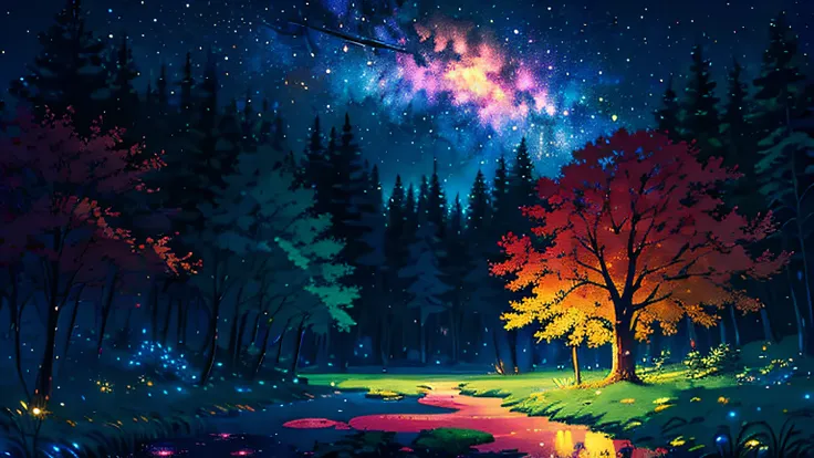 illustration, cartoon, soothing tones, calm colors, (anime), (illustration), cartoon, detailed, masterpiece, beautiful landscape, forest, pond, pathway,night, nebula, starry sky, 8k, best quality, dark shot, detailed