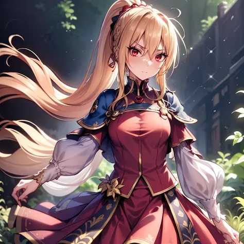 (masutepiece, Best Quality:1.2), Extremely detailed, detailed hairs, Soft skin,

1girl in, Solo, Upper body,

Blonde hair, Long hair, High Ponytail, Long ponytail,

Red Eyes, long eyelashes, thick eyelashes, Looking at Viewer,

Red dress, backless dress, o...