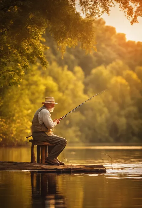 An old man fishing on a tranquil lake, surrounded by lush greenery, (Best quality, A high resolution:1.2),(Realistic,Photorealistic:1.37). The sun casts a warm golden glow on the calm water, (Vivid colors)(Bokeh). The man, Wear weathered hats and fishing v...