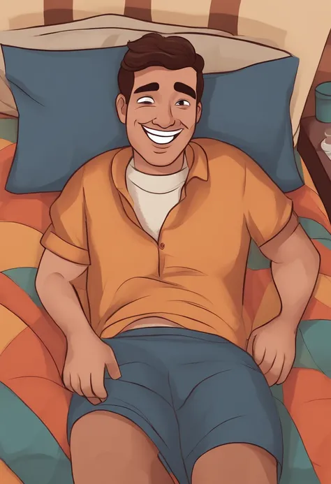 Illustration of smiling man lying on a bed with a quilt on it, sorriso insano, Homem de pele marrom com um sorriso gigante, happily smiling at the camera, sorriso atrevido, hes smiling, sorriso muito grande, Macho sorridente, foto de perfil headshot, mutah...