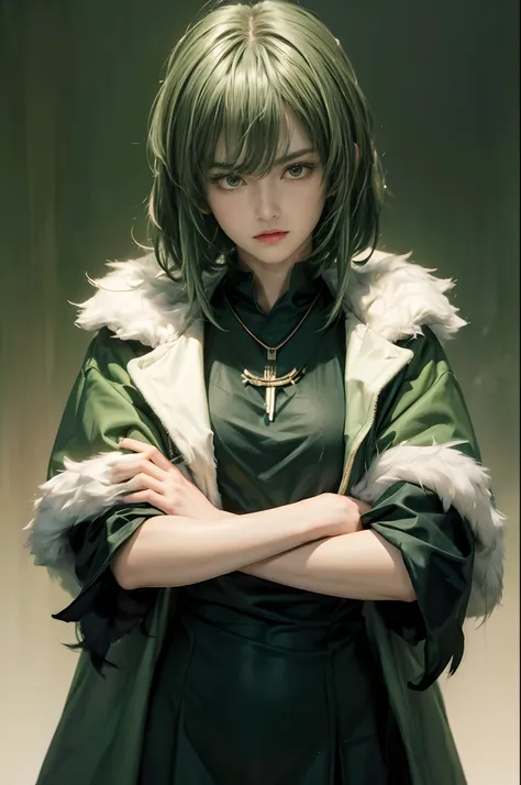 (masterpiece, best quality:1.2), cowboy shot, solo, 1girl, fubuki, expressionless, crossed arms, green hair, taut clothes, fur coat, jewelry, necklace, anime in realistic , realistic