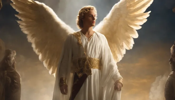 Beautiful guardian angel with large snow-white wings and a halo above the head. He wears a long white tunic, girdled with a golden girdle. An angel holds a staff in his right hand, Crowned with a Cross, And he stretches out his left in a gesture of protect...